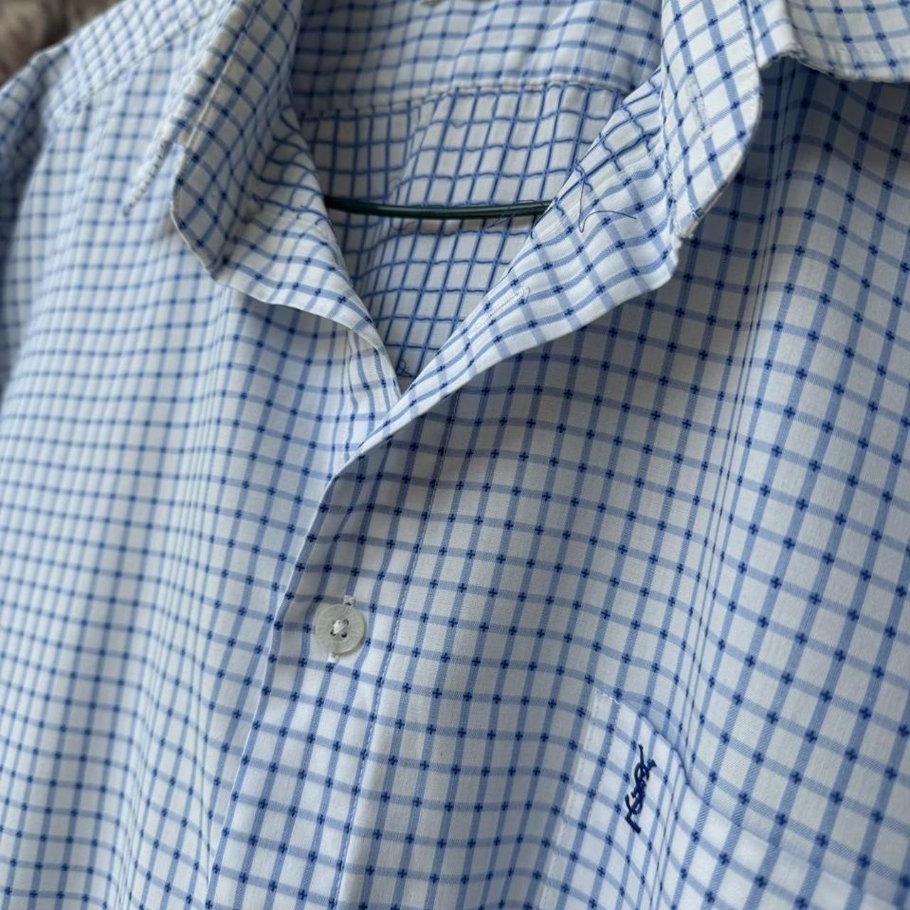 Yves Saint Laurent short sleeve button down shirt blue embroidered YSL logo.