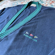 Burberry blue and green cardigan with Nautic Club embroidery and vintage 1980s style.