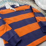 Polo Ralph Lauren navy and orange rugby polo shirt with thick stripes and embroidered logo.