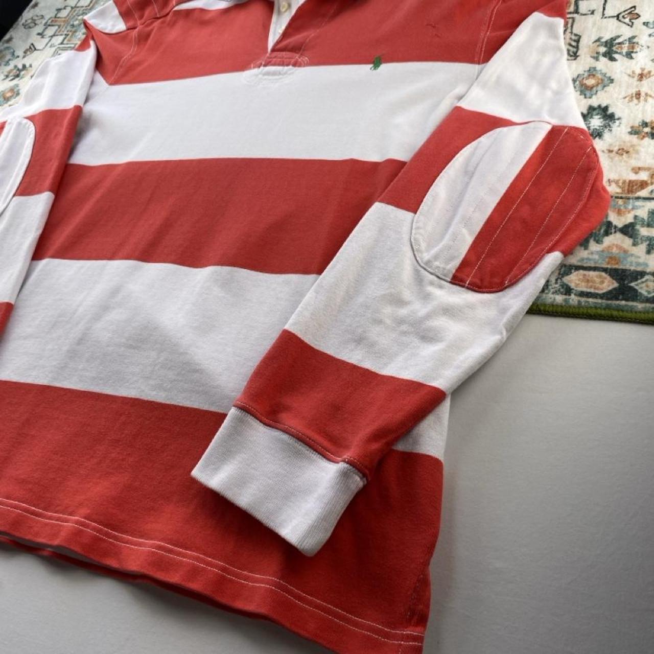 Polo Ralph Lauren red and white striped rugby polo shirt with embroidered logo.