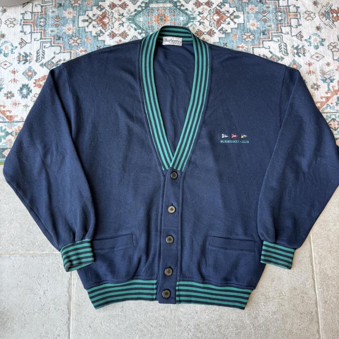 Burberry blue and green cardigan with Nautic Club embroidery and vintage 1980s style.