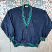 Burberry blue and green cardigan with Nautic Club embroidery and vintage 1980s style.