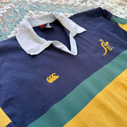Canterbury men's long sleeve rugby polo green with Australia Wallabies logo and embroidered details.