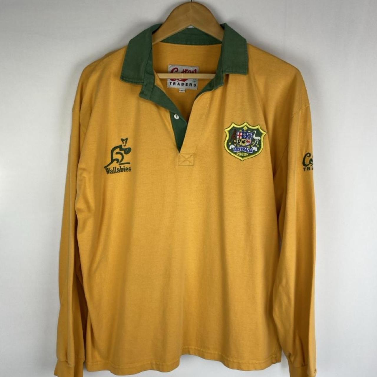 Cotton Traders green and yellow rugby polo with Wallabies logo and vintage design.