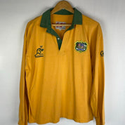 Cotton Traders green and yellow rugby polo with Wallabies logo and vintage design.