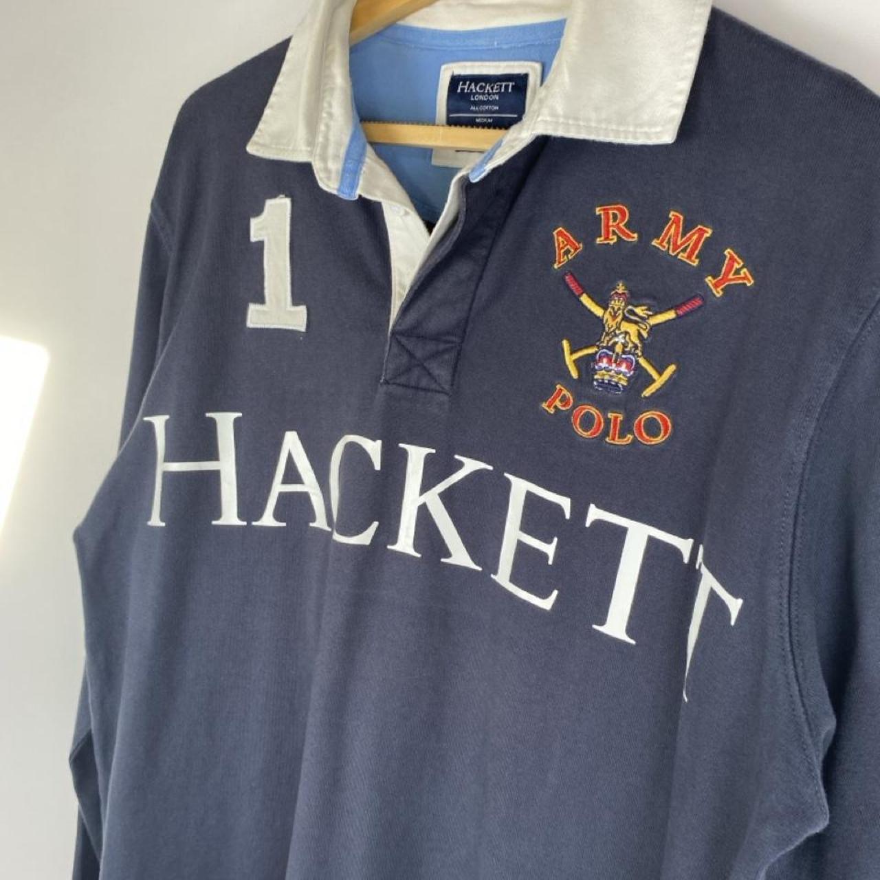 Hackett navy and white rugby polo shirt with spellout logo and thick fabric.