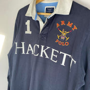 Hackett navy and white rugby polo shirt with spellout logo and thick fabric.
