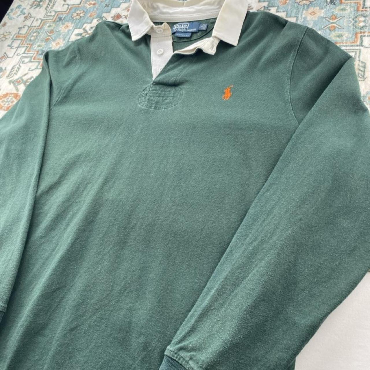 Polo Ralph Lauren green rugby polo shirt with embroidered logo and thick cotton material.