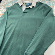 Polo Ralph Lauren green rugby polo shirt with embroidered logo and thick cotton material.