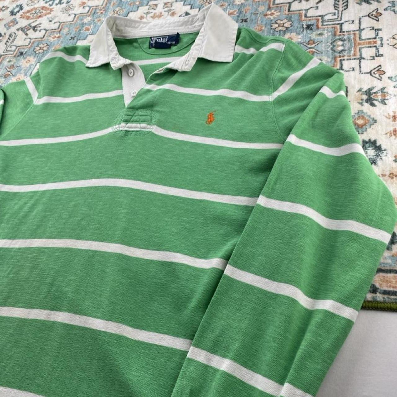 Polo Ralph Lauren green striped rugby polo shirt with embroidered logo and cotton material.