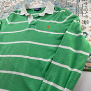 Polo Ralph Lauren green striped rugby polo shirt with embroidered logo and cotton material.