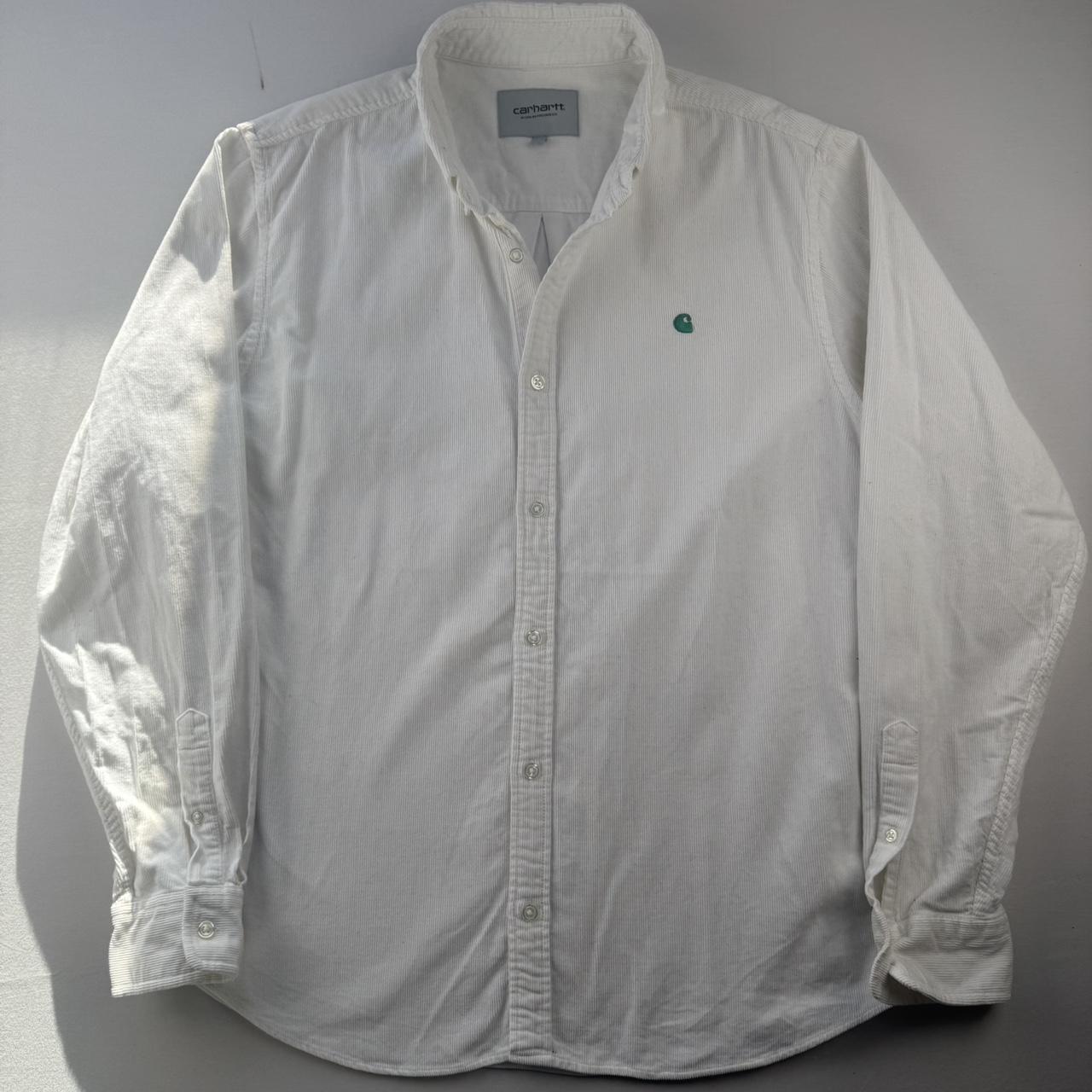White and Green Carhartt WIP Long Sleeve Madison Corduroy Button Down Shirt L