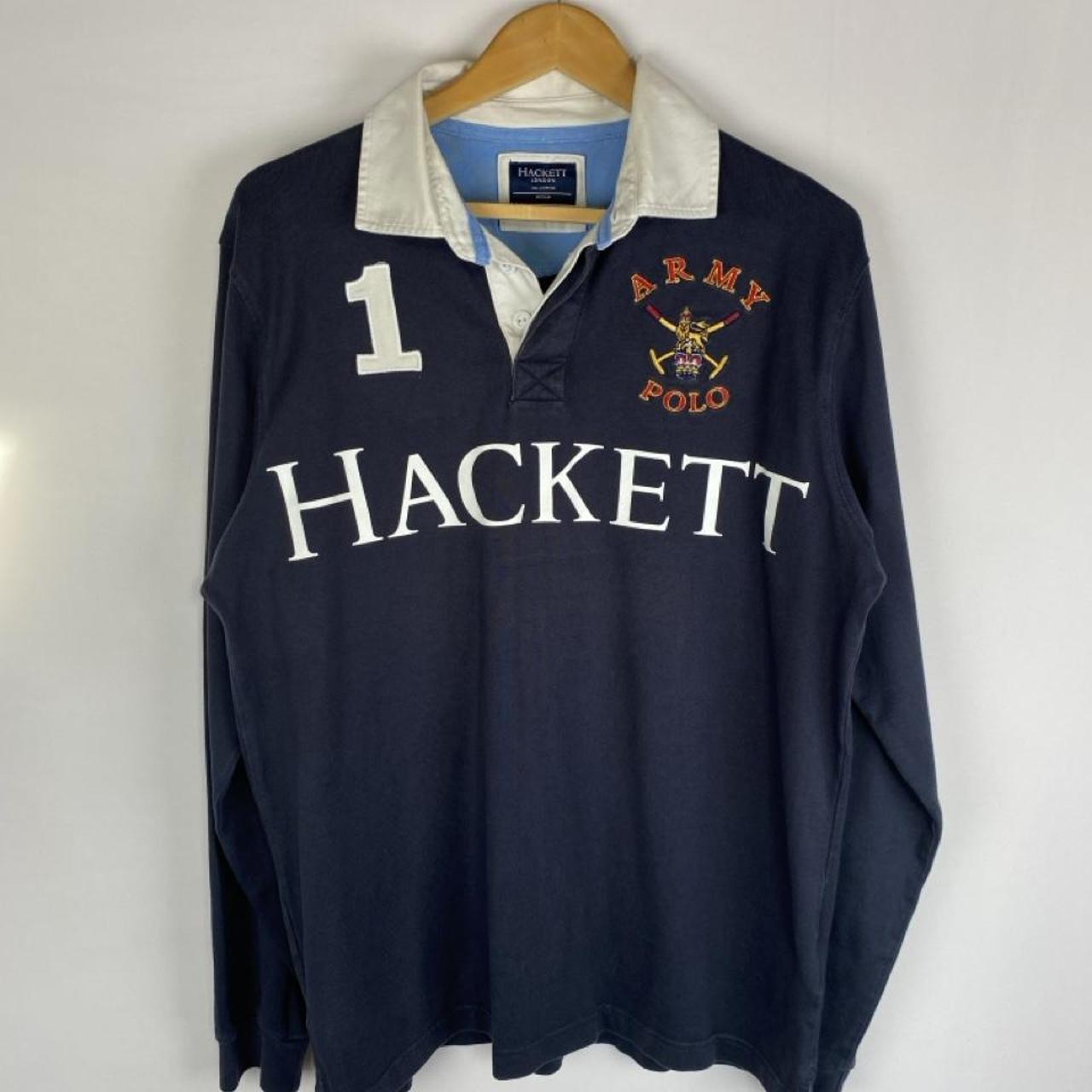 Hackett navy and white rugby polo shirt with spellout logo and thick fabric.