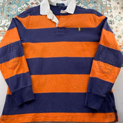 Polo Ralph Lauren navy and orange rugby polo shirt with thick stripes and embroidered logo.