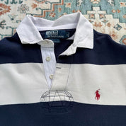 Polo Ralph Lauren navy rugby polo shirt with thick stripes and embroidered logo.