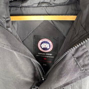 Canada Goose black parka jacket, missing fur trim, regular fit, size medium.