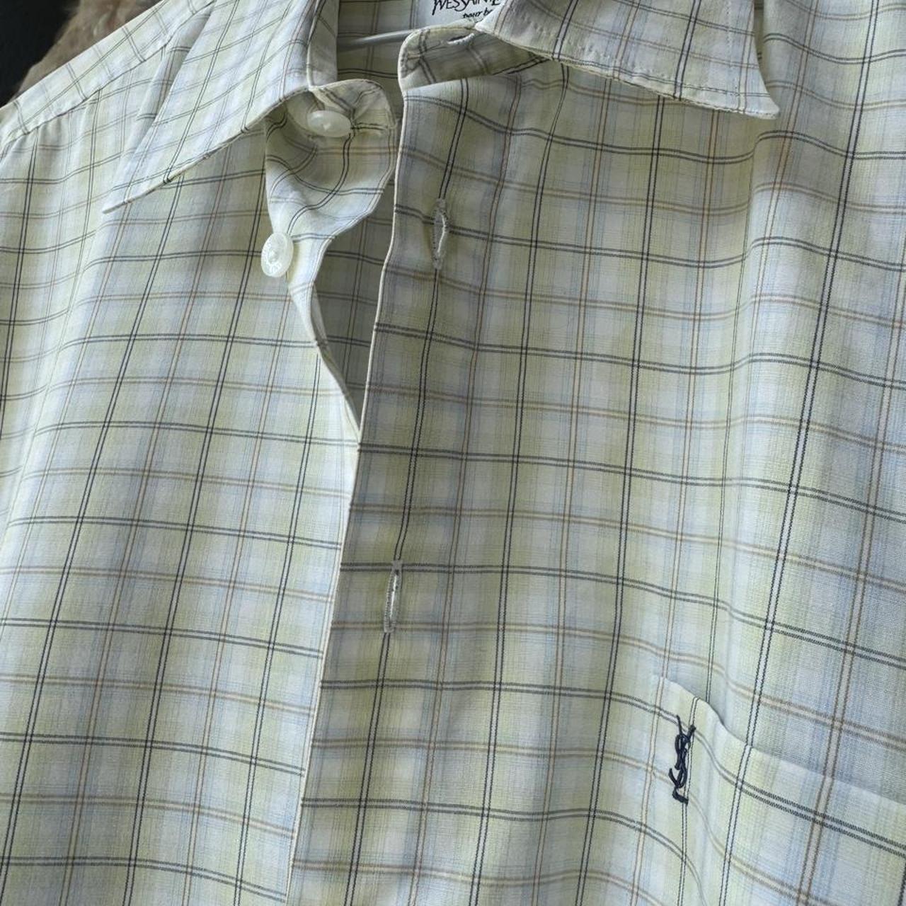 Yves Saint Laurent short sleeve button down shirt blue embroidered YSL logo detail.