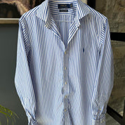 Polo Ralph Lauren men's button down shirt blue and white striped, classic fit, cotton material.