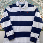 Polo Ralph Lauren navy striped rugby polo shirt with embroidered logo and thick cotton material.