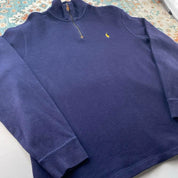 Polo Ralph Lauren navy jumper with embroidered pony logo and quarter zip detail.