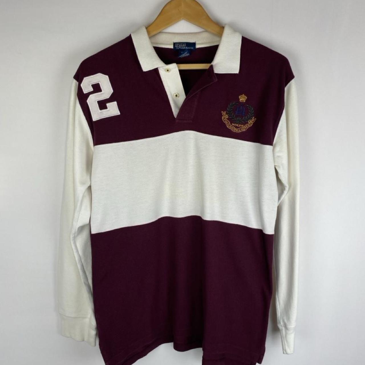 Polo Ralph Lauren burgundy rugby polo shirt with white stripes and embroidered logo.