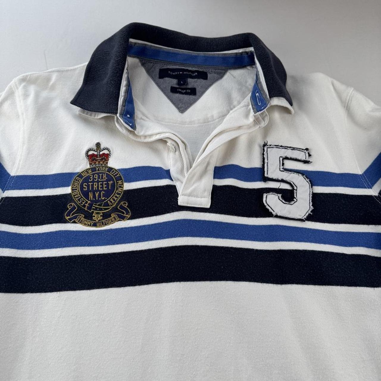 Tommy Hilfiger Embroidered Spellout Striped Rugby Polo L