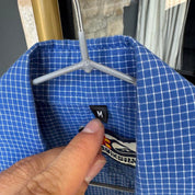 Quiksilver men's button down shirt, blue and white striped, embroidered logo detail.