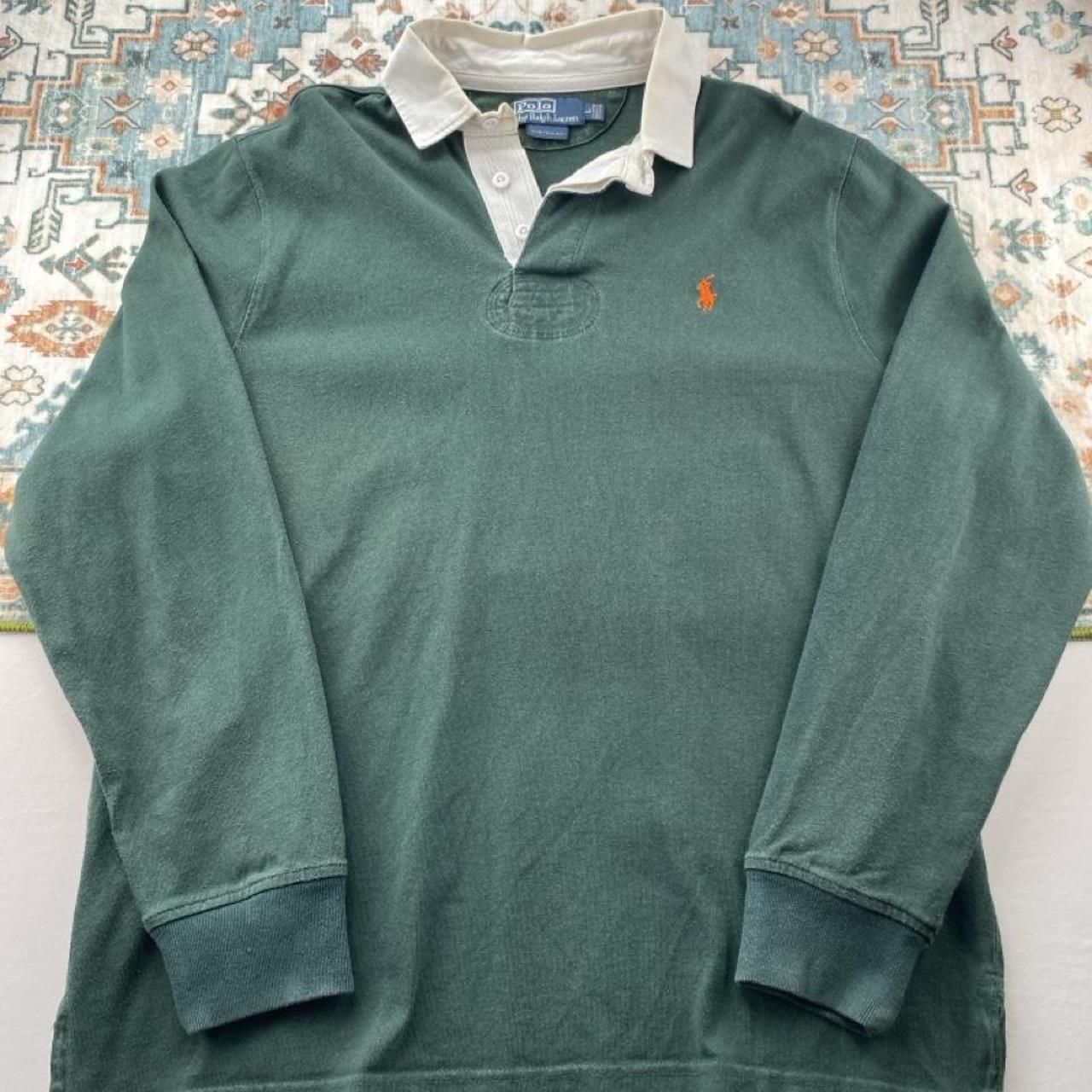 Polo Ralph Lauren green rugby polo shirt with embroidered logo and thick cotton material.
