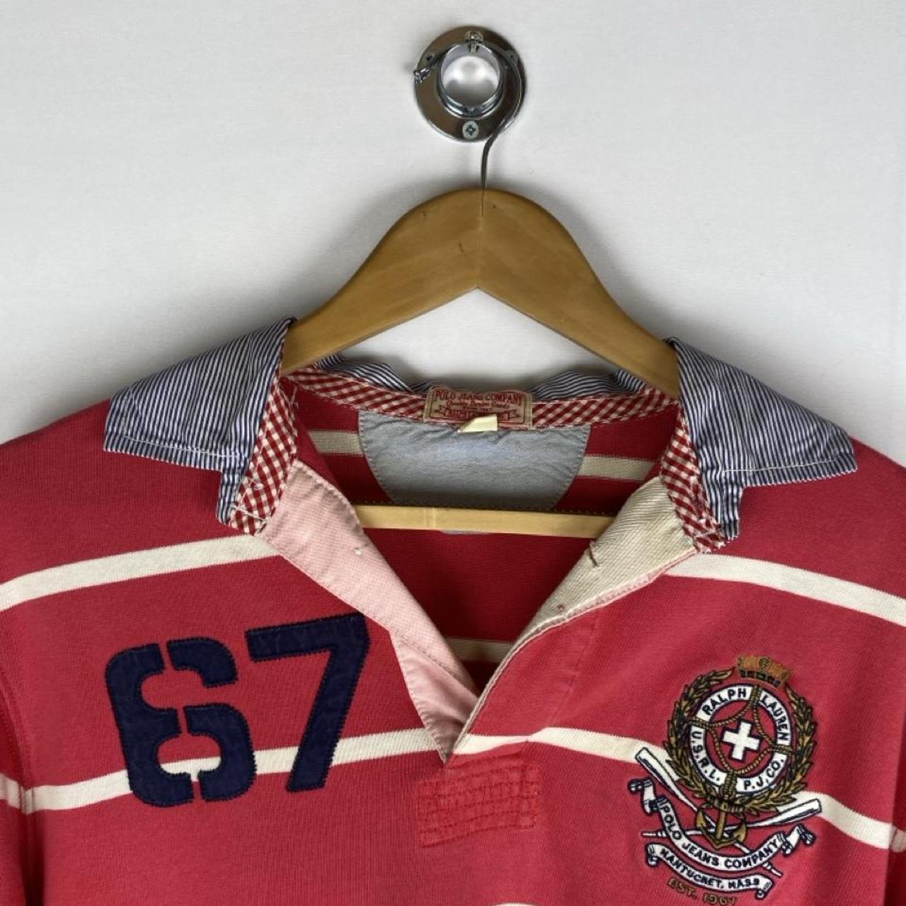 Polo Ralph Lauren red and white striped rugby polo shirt with embroidered logo.