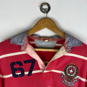 Polo Ralph Lauren red and white striped rugby polo shirt with embroidered logo.