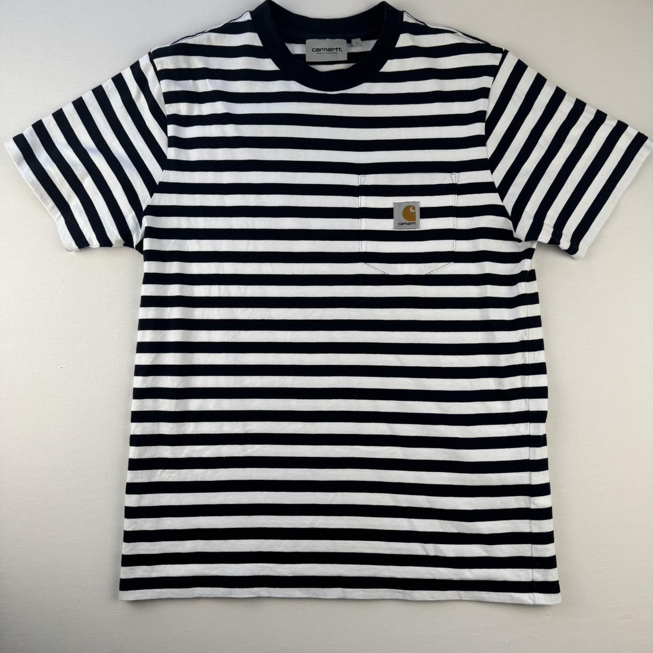 Navy and White Carhartt WIP Scotty Pocket Striped T-Shirt S