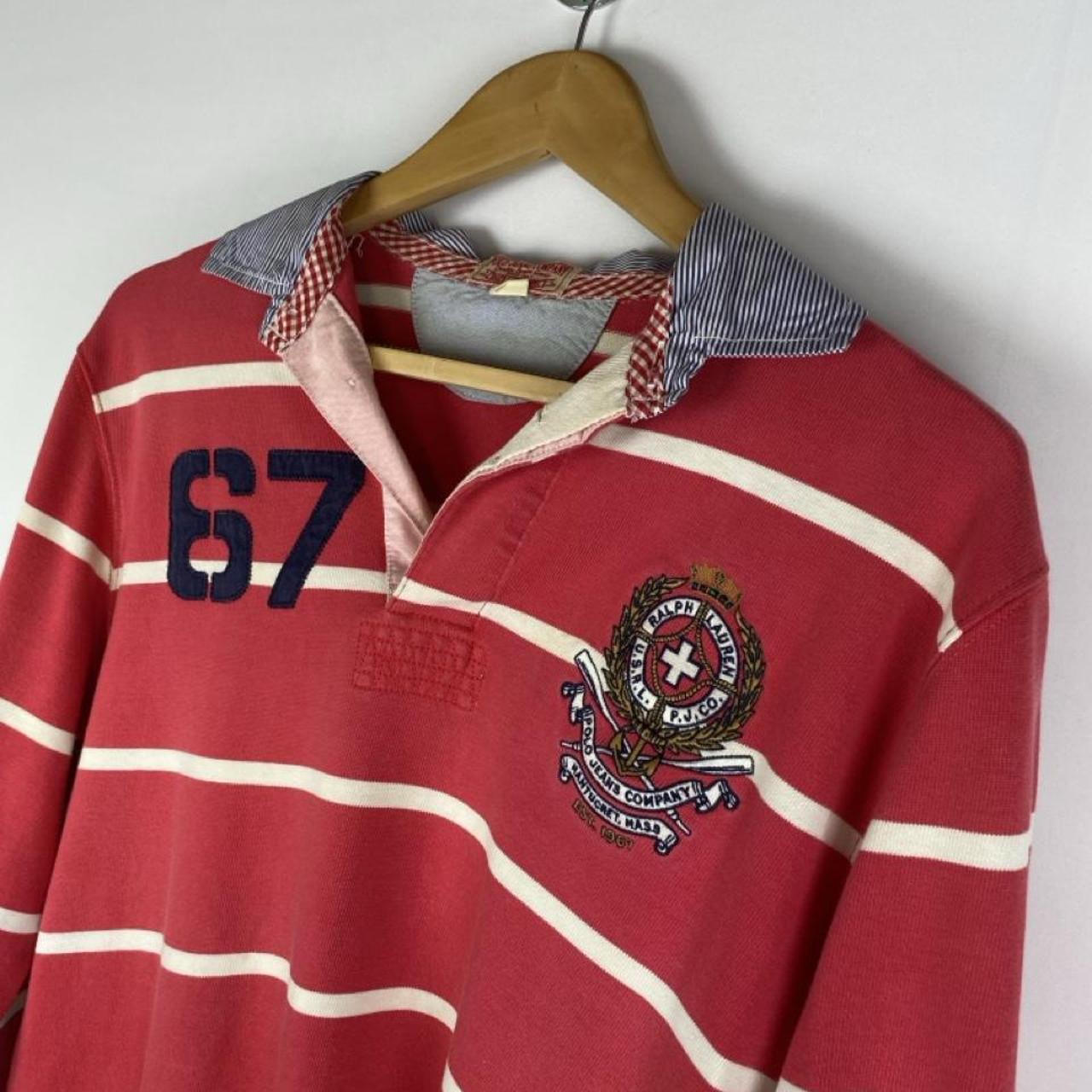 Polo Ralph Lauren red and white striped rugby polo shirt with embroidered logo.
