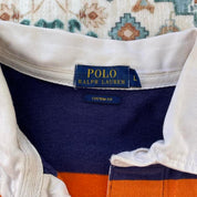 Polo Ralph Lauren navy and orange rugby polo shirt with thick stripes and embroidered logo.