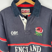 Cotton Traders men's rugby polo shirt white with thick embroidered England logo.