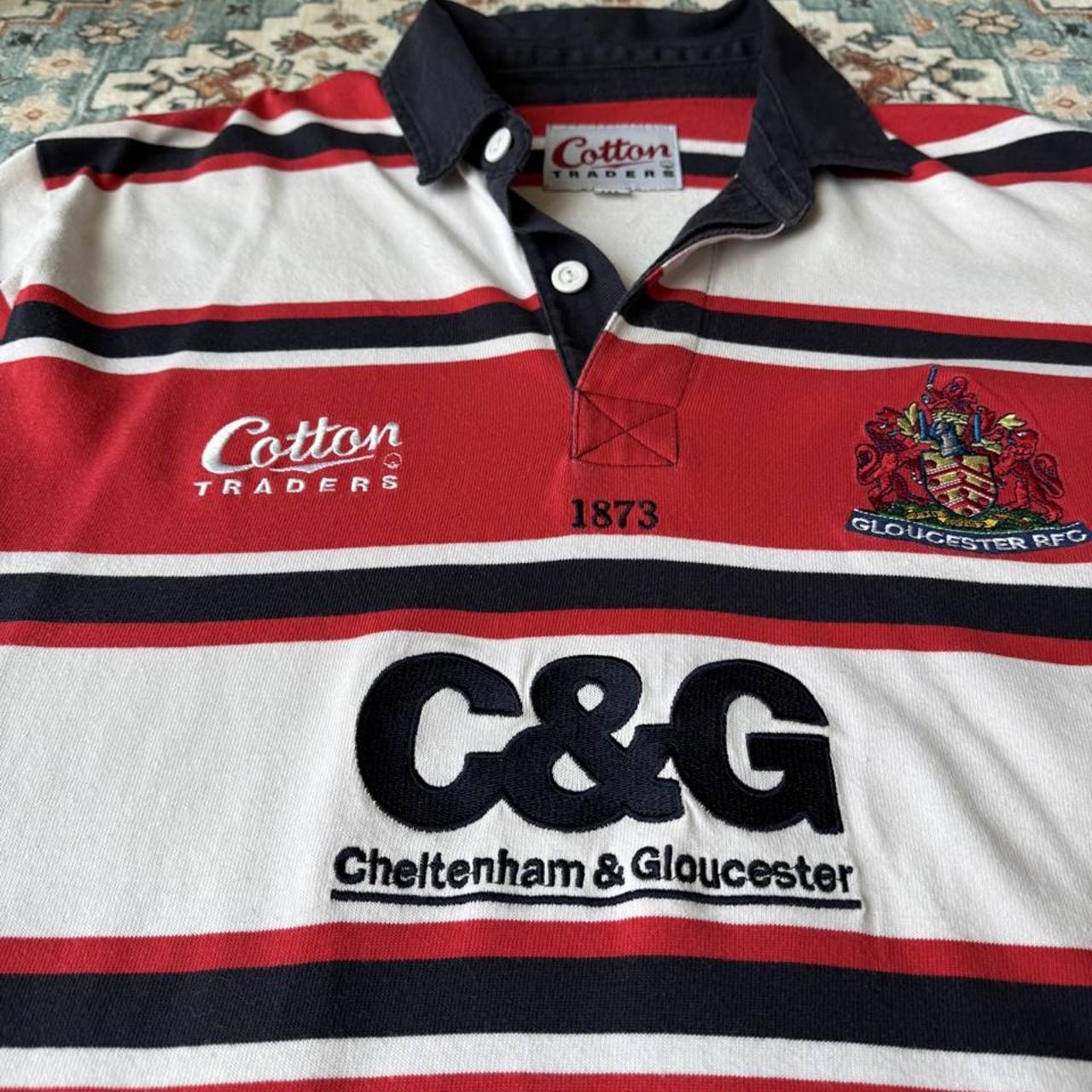 Cotton Traders men's long sleeve polo, red and white striped, embroidered Gloucester Rugby logo.