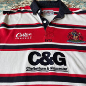 Cotton Traders men's long sleeve polo, red and white striped, embroidered Gloucester Rugby logo.