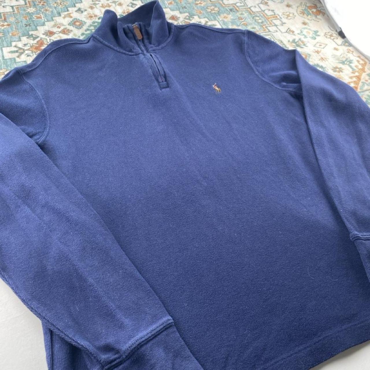 Polo Ralph Lauren navy jumper with embroidered pony logo and quarter zip design.