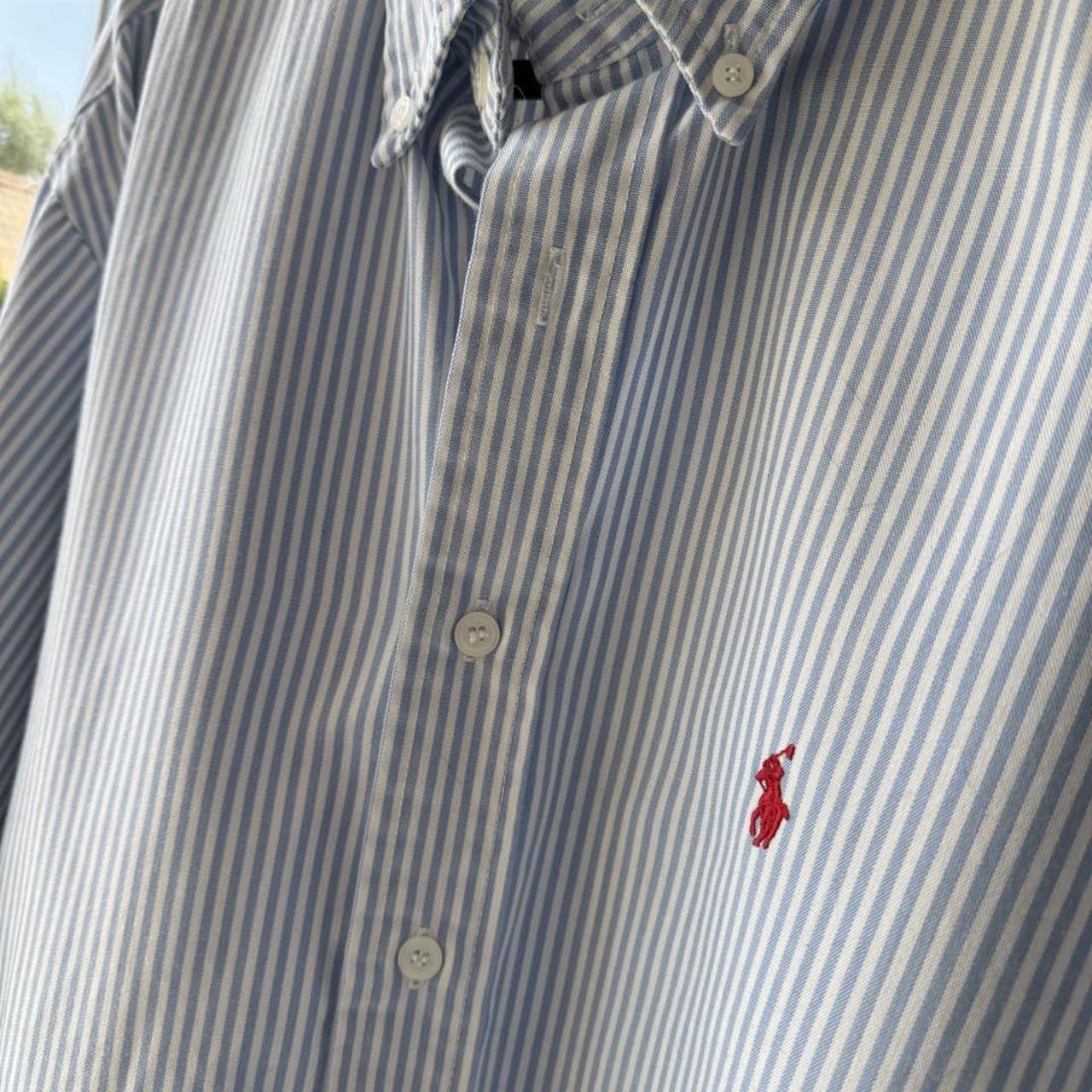 Polo Ralph Lauren striped button down shirt blue and white, classic collar, relaxed fit.