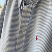 Polo Ralph Lauren striped button down shirt blue and white, classic collar, relaxed fit.