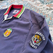 Cotton Traders men's rugby polo shirt, navy with fading, featuring Tigers logo and cotton material.