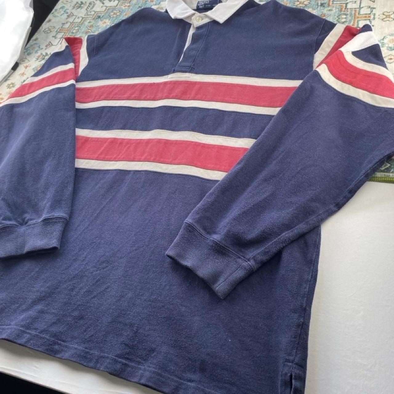 Polo Ralph Lauren oversized rugby polo, thick fabric, striped panels, classic logo.