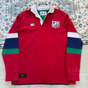 Canterbury men's rugby polo red with British and Irish Lions logo and embroidered details.