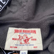 True Religion black and white full zip hoodie with logo and contrast stitching.