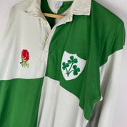 ONeills green and white checkered rugby polo shirt with vintage logo detail.