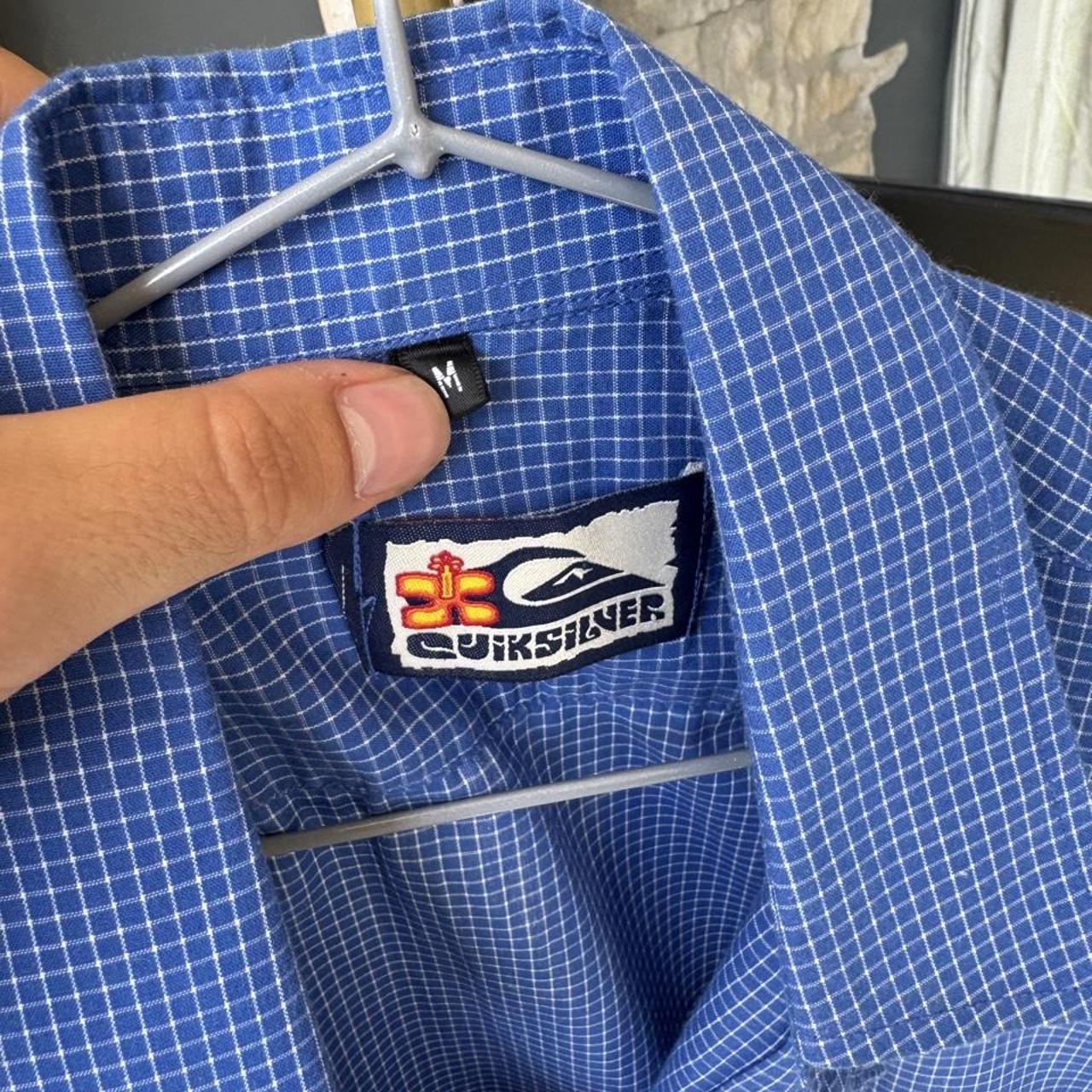 Quiksilver men's button down shirt, blue and white striped, embroidered logo detail.
