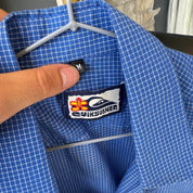 Quiksilver men's button down shirt, blue and white striped, embroidered logo detail.
