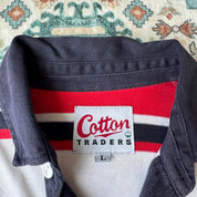 Cotton Traders men's long sleeve polo, red and white striped, embroidered Gloucester Rugby logo.