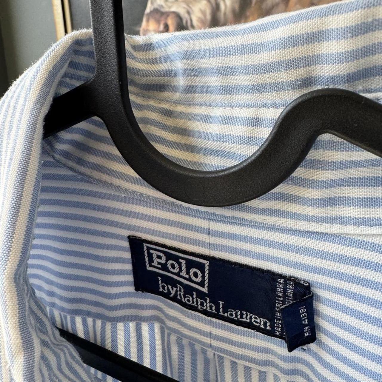 Polo Ralph Lauren striped button down shirt blue and white, classic collar, relaxed fit.