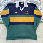 Canterbury men's long sleeve rugby polo green with Australia Wallabies logo and embroidered details.