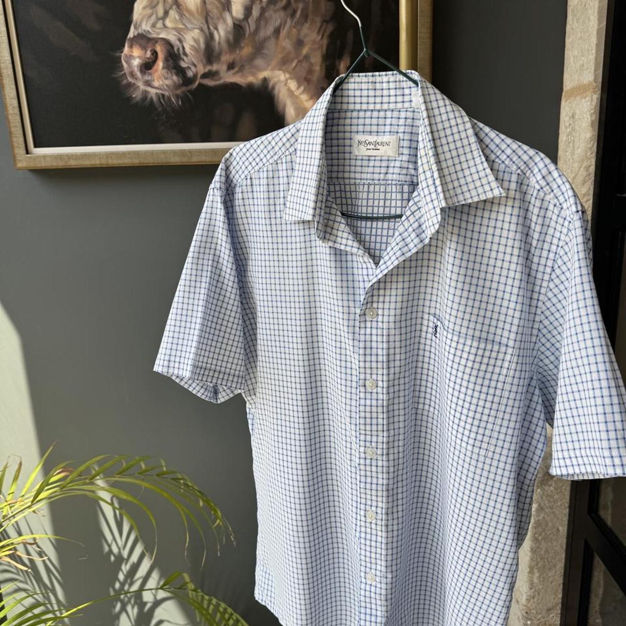 Yves Saint Laurent short sleeve button down shirt blue embroidered YSL logo.